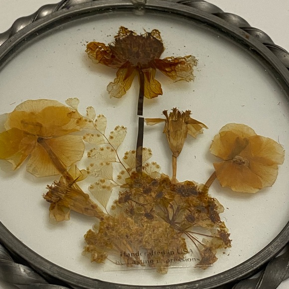 Vintage Pressed Dry Flowers in Twisted Pewter & Double Round Glass Frame 4 1/2” - Picture 3 of 8